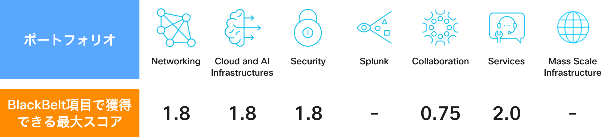 ポートフォリオごとのBlackBelt項目で獲得できる最大スコア